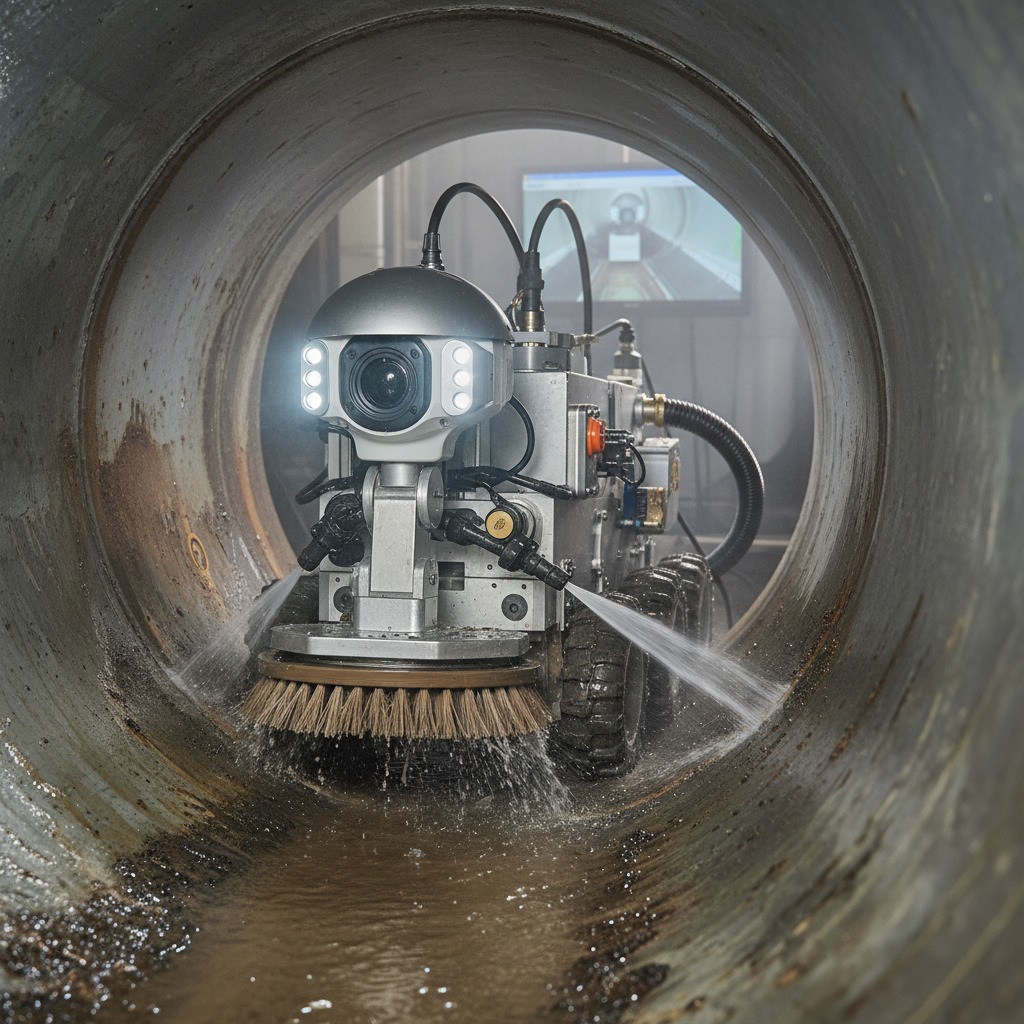 Un robot cingolato pulisce l'interno di una grande conduttura con spazzole rotanti e getti d'acqua ad alta pressione.